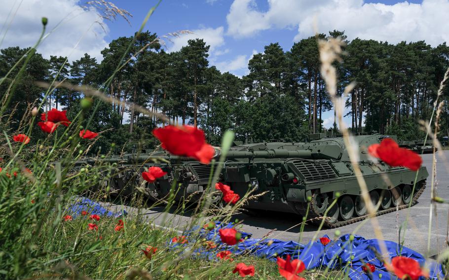 Leopard 1 A5 tanks are lined up and ready for Ukrainian crews to use in their training sessions at the Klietz military training range, Germany, on June 13, 2024.