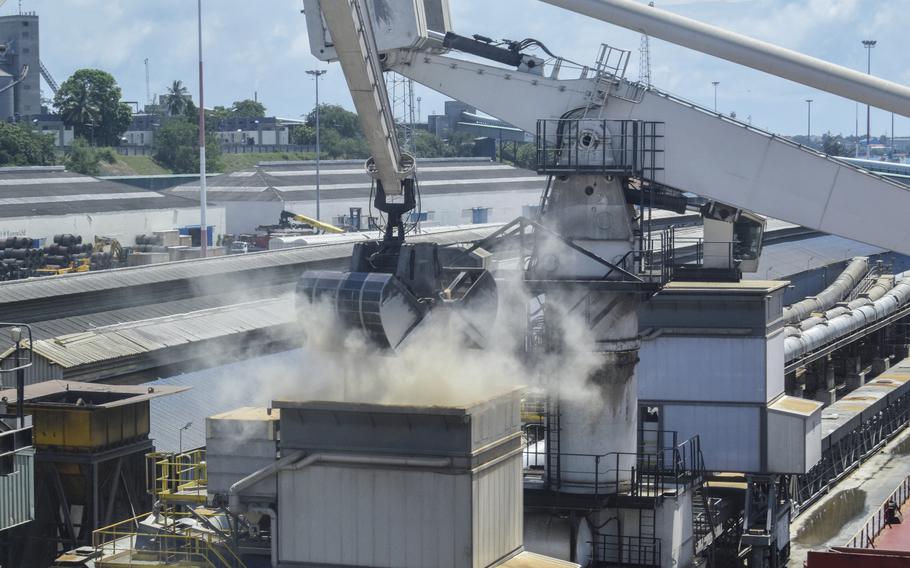 Grain is offloaded from the Eaubonne bulk carrier ship after it docked in the port of Mombasa, Kenya on Nov. 26, 2022. Senior U.N. officials hosted Russian envoys in Geneva on Monday, March 13, 2023 in a bid to extend an export agreement amid Moscow’s invasion of Ukraine and prevent a potential new spike in world food prices. Despite being at war, Ukraine and Russia struck a deal last July that allows Ukraine — one of the world’s key breadbaskets — to ship grain from its Black Sea ports and permits Russia to export food and fertilizers. 