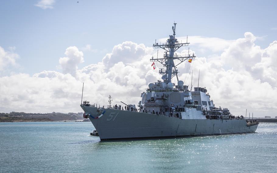 The guided-missile destroyer USS Arleigh Burke, seen here arriving at its homeport in Rota, Spain, April 11, 2021, has received a service life extension. 