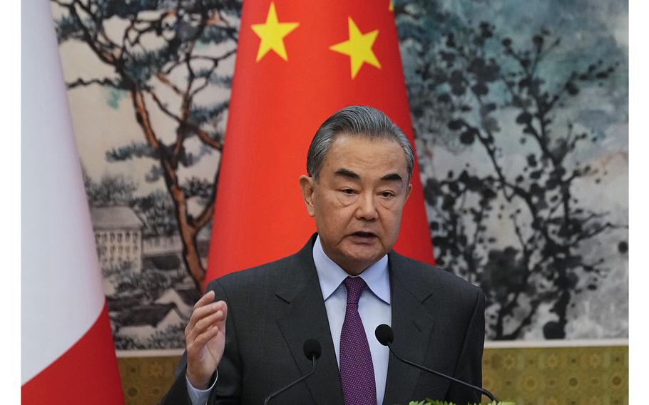 Chinese Foreign Minister Wang Yi speaks at Diaoyutai State Guest House on April 1, 2024, in Beijing, China. 
