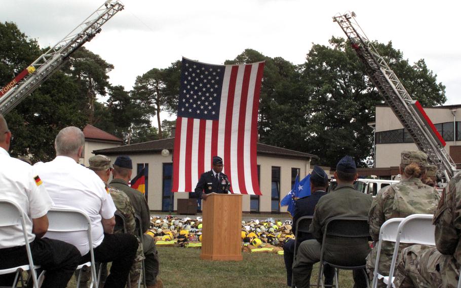 Maj. Gen. Randall Reed, commander of the Third Air Force, speaks at a memorial ceremony Sept. 10, 2021, at Ramstein Air Base, Germany, on the eve of the 20th anniversary of the 9/11 attacks.