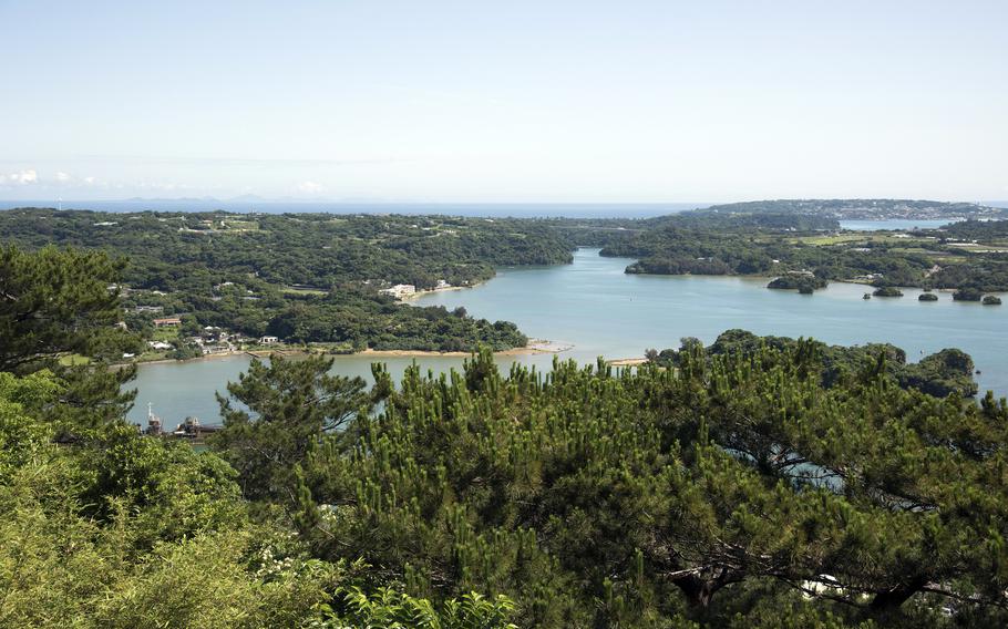Nakijin village, in the western part of Okinawa’s Motobu peninsula, is seen from Arashiyama Observation Deck.