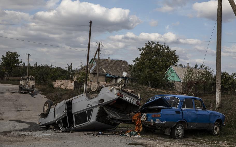 Damaged vehicles in the Kherson region on Oct. 9, 2022. 
