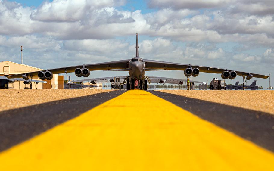 An Air Force B-52H Stratofortress bomber assigned to the 307th Bomb Wing goes through an engine check on June 24, 2021, at Barksdale Air Force Base, Louisiana.