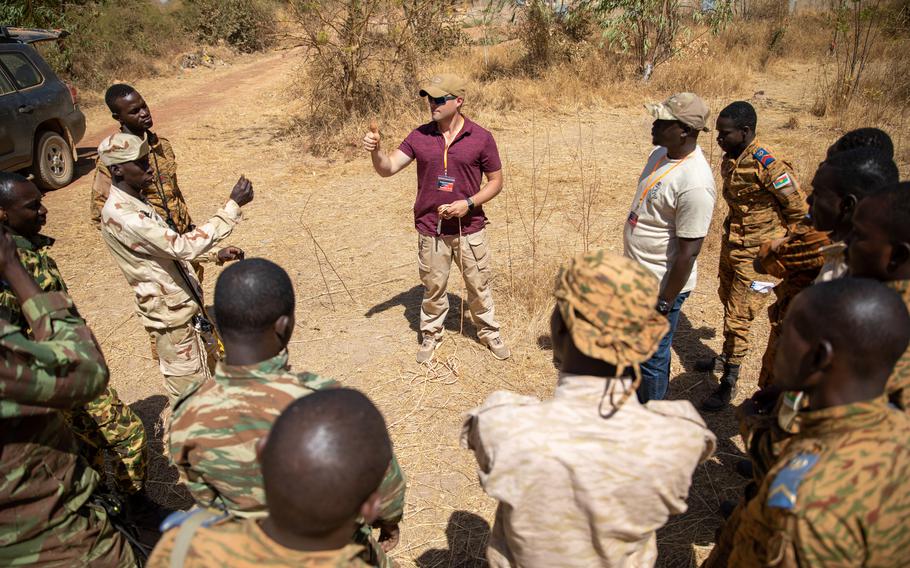 U.S. Army Staff Sgt. Keegan Bracewell teaches an explosive ordnance disposal class to Burkinabe soldiers in Pissy, Burkina Faso, in 2021. The country, in Africa’s Sahel region, is one where a coup has complicated U.S. efforts to coordinate with the government.