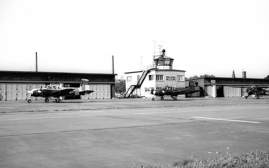 Control tower and old hangars at Bonames Army Airfield, Germany, in 1962.