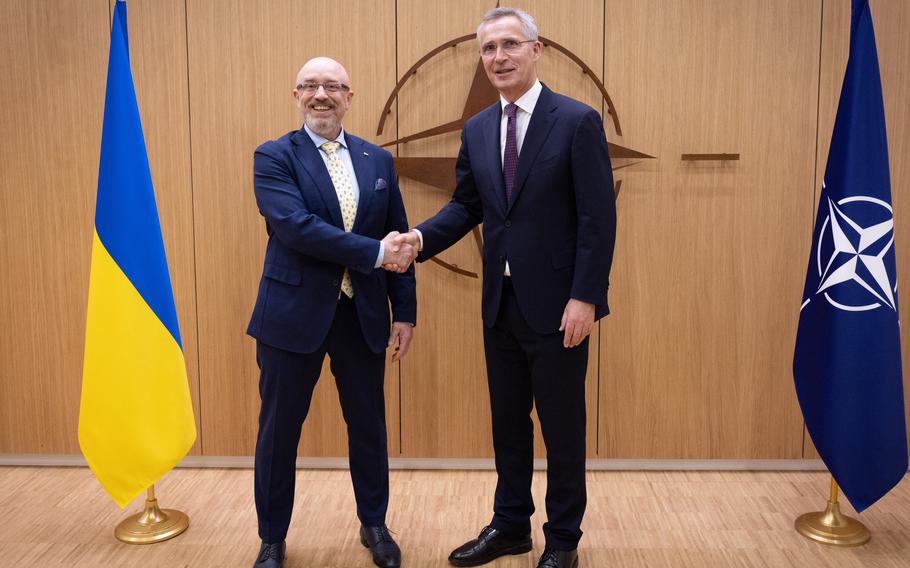 NATO Secretary-General Jens Stoltenberg, right, meets with Oleksii Reznikov, Ukraine's minister of defense, June 14, 2022 in Brussels. Stoltenberg said allies will continue to carry out a long-planned nuclear deterrence exercise in Europe in October, despite nuclear threats from the Kremlin. 