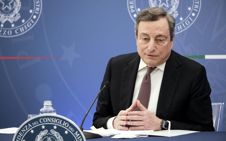 Mario Draghi, Italy’s prime minister, speaks during a briefing in Rome, Italy, on Monday, Jan. 10, 2022. Italy made vaccination compulsory for people over 50 and further reduced what the unvaccinated can do in its latest bid to fight the surge in covid-19 cases. 
