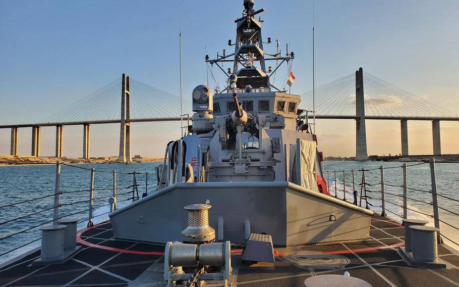 Coastal patrol ship USS Sirocco transits the Suez Canal on Feb. 10, 2023, en route to Alexandria, Egypt. The U.S. transferred three coastal patrol boats, including the Sirocco, to the Egyptian navy on March 21, 2023.