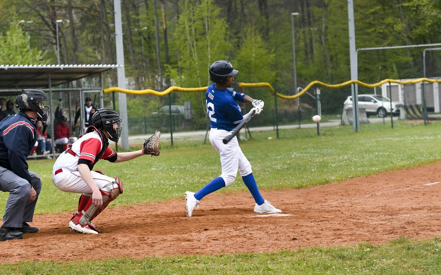 Ramstein’s Christian Roy hits a foul ball in a game against Kaiserslautern on Saturday, April 30, 2022, in Kaiserslautern, Germany.