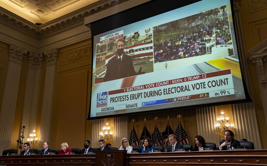 A video clip of a Fox News broadcast of the Jan. 6, 2021, insurrection is seen on screen during a hearing of the House Select Committee to Investigate the Jan. 6 Attack on the United States Capitol in the Cannon House Office Building on July 21, 2022, in Washington, D.C. 