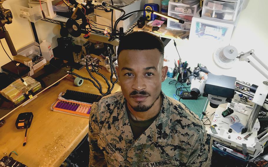 Marine Sgt. Malik Pugh in his home workshop at Camp Foster in Okinawa, Japan, on Dec. 18.
