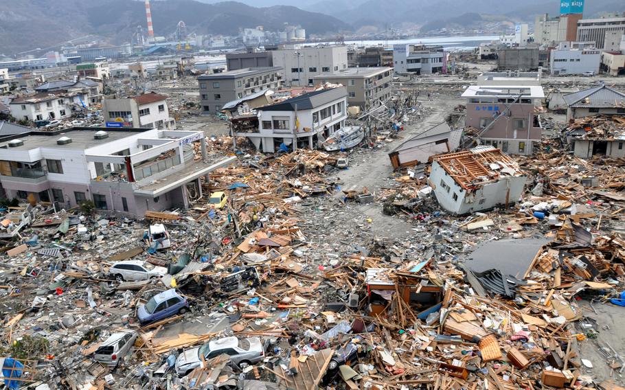 The coastal fishing village of Ofunato looked like a war zone after a magnitude-9 earthquake and tsunami struck northeastern Japan on March 11, 2011.