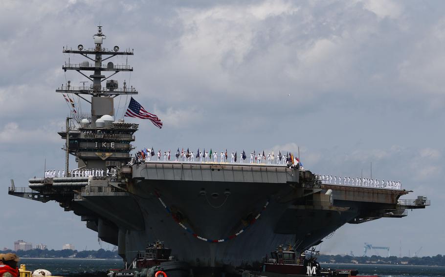 The USS Dwight D. Eisenhower returns to Naval Station Norfolk on Sunday, July 18, 2021, after a five-month deployment.