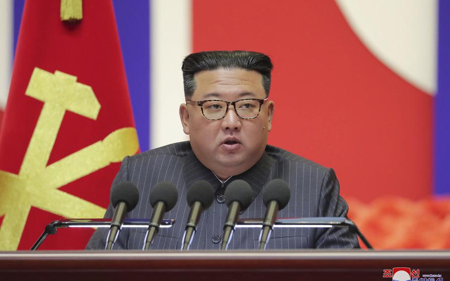 North Korean leader Kim Jong Un speaks during a “maximum emergency anti-epidemic campaign meeting” in Pyongyang, North Korea, Wednesday, Aug. 10, 2022. Kim has declared victory over COVID-19 and ordered an easing of preventive measures. 