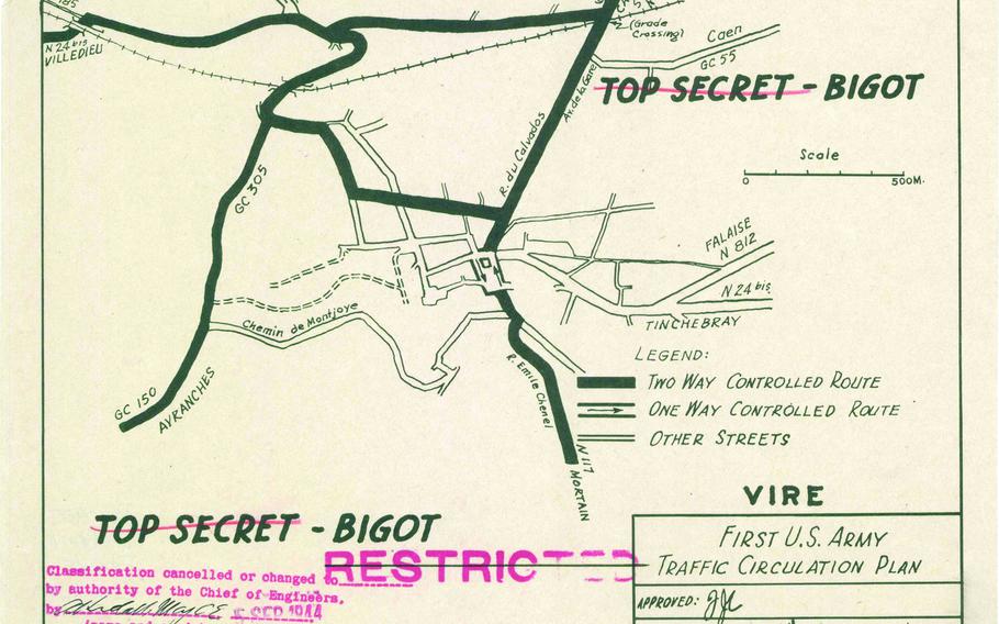 Map showing the traffic circulation plan for the town of Vire, France, from the 1st Army’s World War II records housed at the National Archives. 