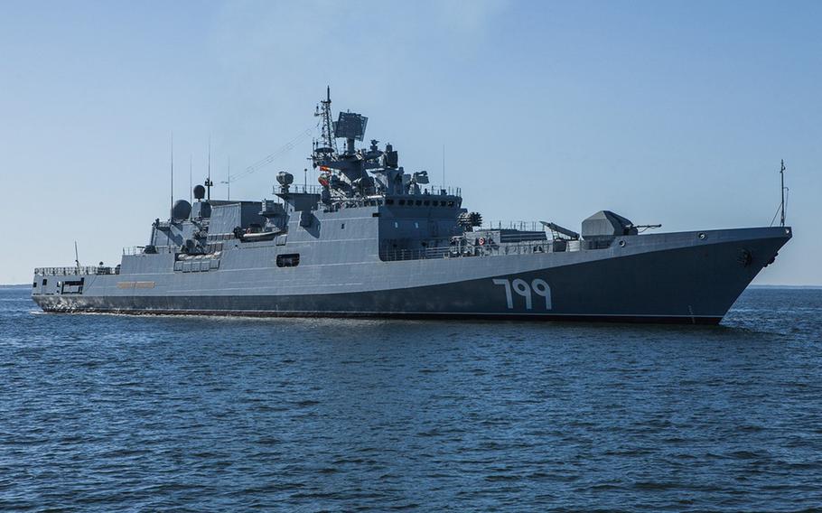 The Russian frigate Admiral Makarov in the Mediterranean Sea in 2020. The Black Sea Fleet flagship and at least one other ship may have been significantly damaged in a Ukrainian drone attack, CNN reported Oct. 31, citing unidentified U.S. and Russian sources.                    