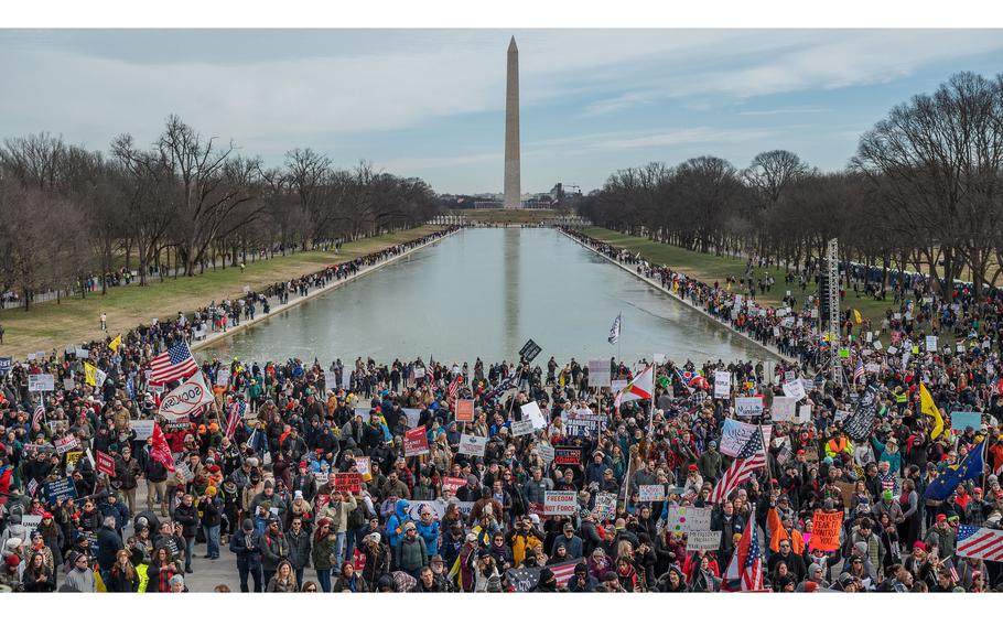 People at the Lincoln Memorial for the “Defeat the Mandates: An American Homecoming” rally on Sunday, Jan. 23, 2022, in Washington, D.C. Protesters were voicing their disagreement with vaccine mandates. 