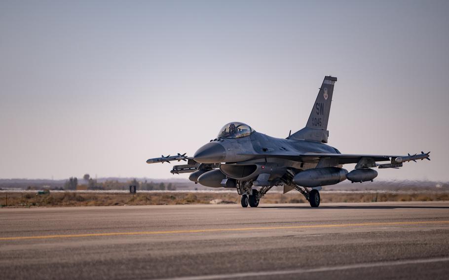An F-16C Fighting Falcon arrives to the 332nd Air Expeditionary Wing on Oct. 22, 2021, at an undisclosed location. Images of training released by the Air Force have been geolocated to Muwaffaq Salti Air Base in Jordan, as reported by the defense news agency Janes.