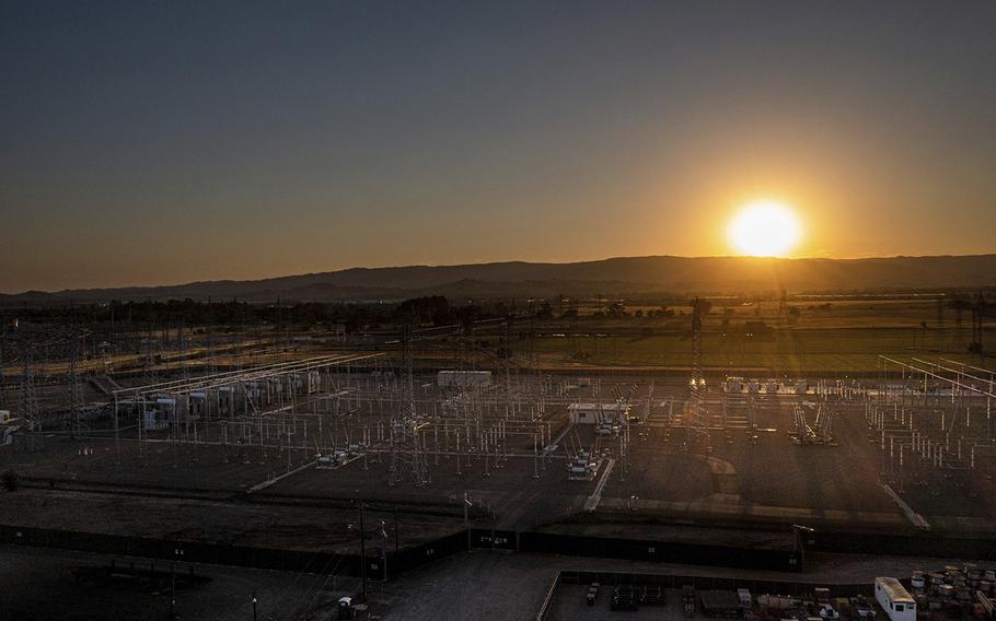 Electrical transmission towers at a PG&E electrical substation during a heatwave in Vacaville, California, on Sept. 6, 2022.