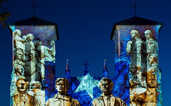 "Saga" is a multimedia light show depicting the history of Texas on the façade of the San Fernando Cathedral. 