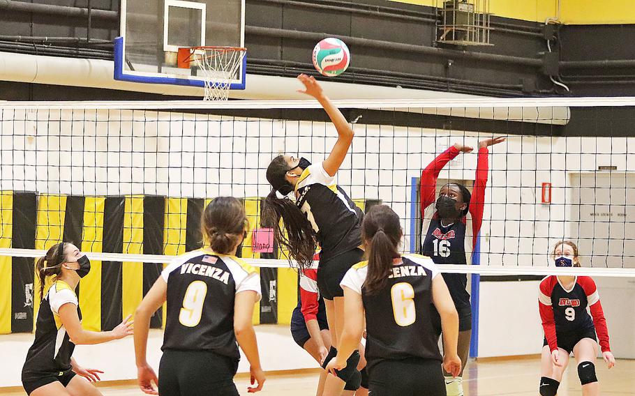 Gabriela Sanchez of the Vicenza Cougars goes up for a kill during the DODEA-Europe Division II championship match in Vicenza, Italy, on Saturday, Oct. 30, 2021. Vicenza won 25-19, 25-23, 20-25, 26-24.