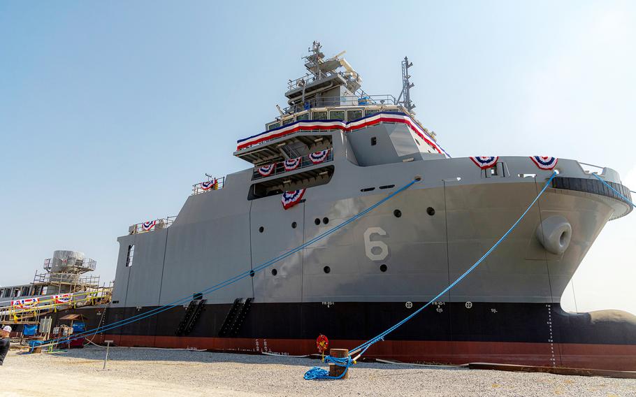 This photo provided by Bollinger Shipyards shows the USNS Navajo, the Navy’s first Navajo-class, multimission, common-hull platform, that was christened Aug. 26, 2023, during a pierside ceremony at Bollinger Shipyards in Houma, La.