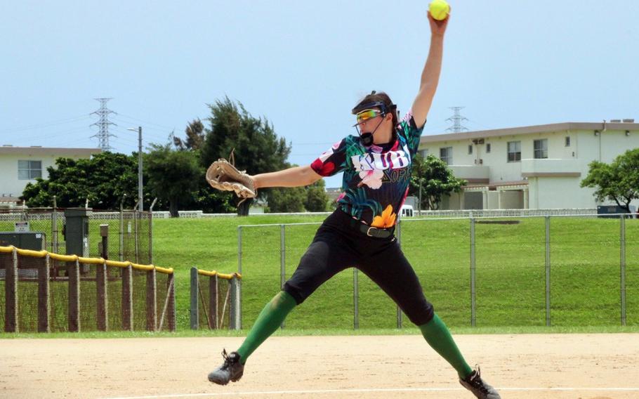 Kubasaki freshman left-hander Breslyn Weeks delivers during Monday's Far East Division I softball tournament. The Dragons got their firsts win against American competition this season 12-4 over American School In Japan, but lost for the ninth time to Kadena this season 9-3.