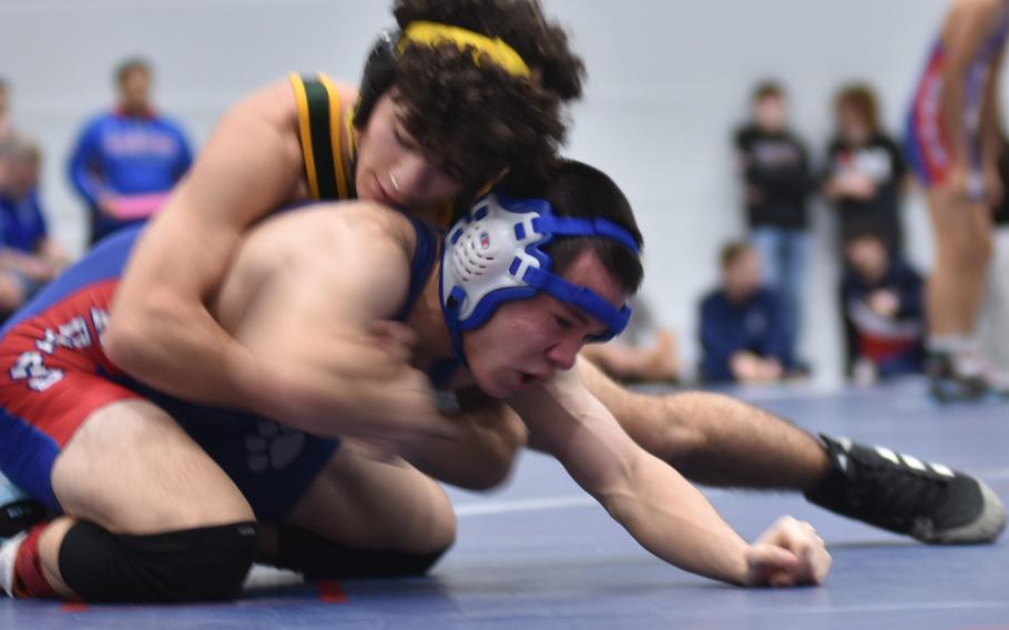 SHAPE’s Julyan Serrano-Garcia and Ramstein’s Camren Carlson went the distance in their 126-pound finals before Carlson pinned Serrano-Garcia with about 8 seconds left in the match. The two were competing at the DODEA-Europe wrestling sectional tournament at Ramstein High School, Germany, on Saturday, Feb. 3, 2024.