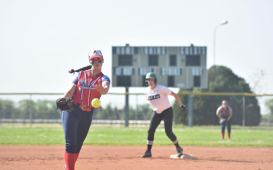 Aviano junior left-hander Sophia Scavo hurls the ball toward the plate in the opening inning of Aviano’s 21-3 loss to Naples on Saturday, April 13, 2024.