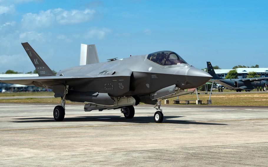 An Air Force F-35 Lightning II out of Eielson Air Force Base, Alaska, visits a base in Rimba, Brunei, on Friday, March 1, 2024.