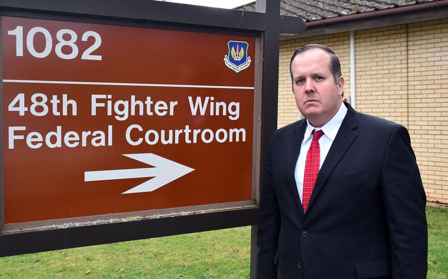 Defense attorney Sean C. Timmons outside the courtroom at RAF Lakenheath, England, Jan. 13, 2023, following the conclusion of Maj. Jorge A. Arizpe's trial. Arizpe was found guilty of charges related to groping a colleague and using unprofessional language while stationed at the base in 2021. Timmons said his client will appeal. 