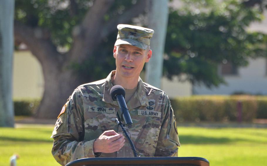 Col. David Zinn, commander of the Army’s third Multi-Domain Task Force, speaks during a ceremony at Fort Shafter, Hawaii, Friday, Sept. 23, 2022, at which the task force was activated.