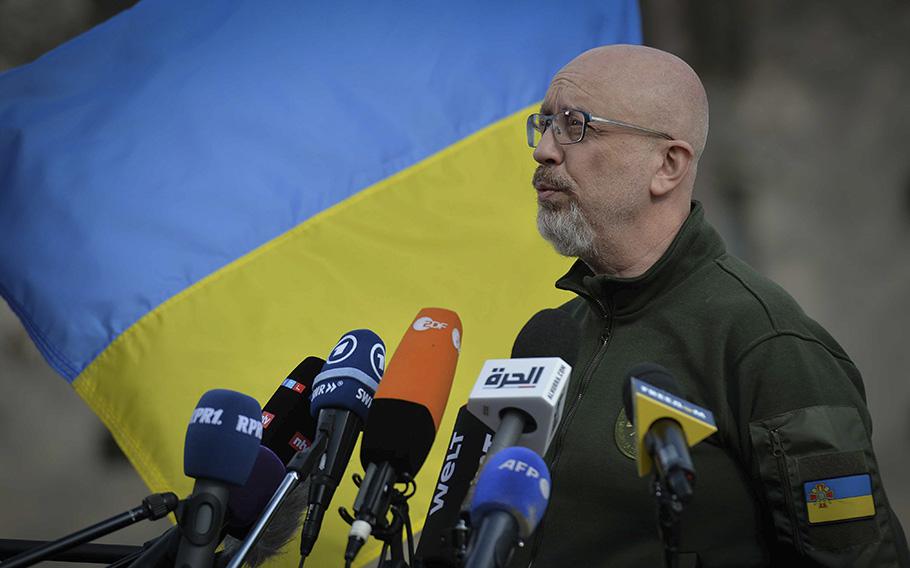 Ukrainian Defense Secretary Oleksii Reznikov talks to reporters on the sidelines of the Ukraine Defense Contact Group meeting April 21, 2023, at Ramstein Air Base in Germany.