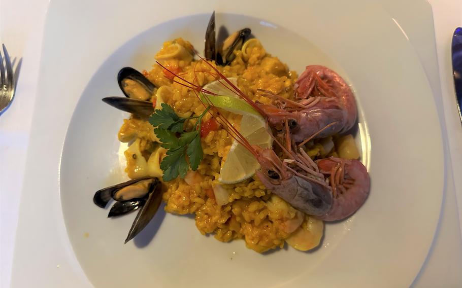 The paella at Casa Andalusia in Weiden comes with two large shrimp, other assorted seafood and chicken. 