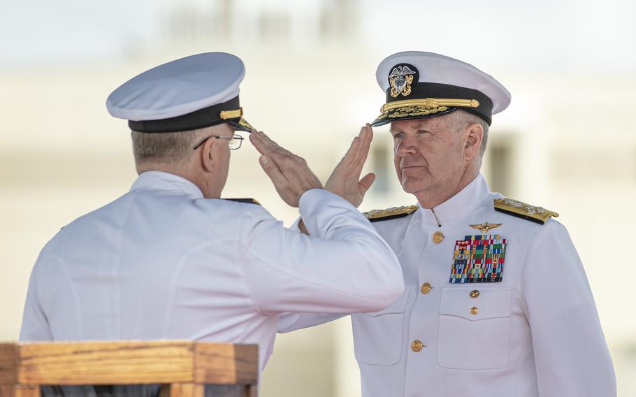 Adm. Samuel Paparo, commander of U.S. Pacific Fleet, right, during a change-of-command ceremony on June 15, 2023, at Joint Base Pearl Harbor-Hickam in Hawaii.