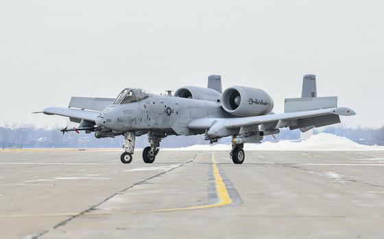 An A-10 Thunderbolt II, flown by the 107th Fighter Squadron, 127th Wing, returns to Selfridge Air National Guard Base, Michigan, after a local training mission on December 28, 2022. (U.S. Air National Guard by Munnaf H. Joarder)
