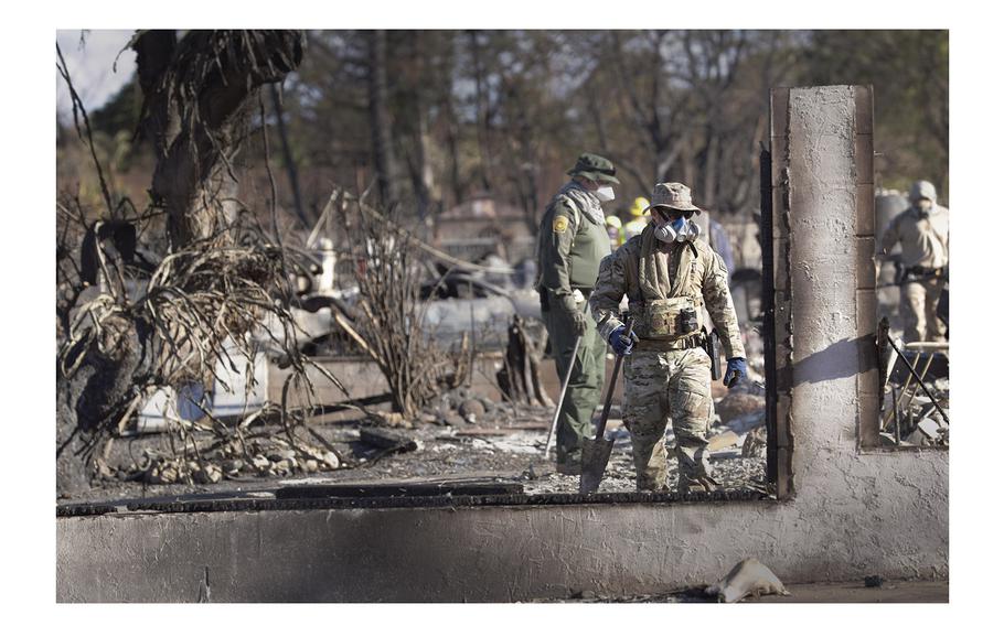 A U.S. Border Patrol agent combs through a neighborhood destroyed by a wildfire in Lahaina, Hawaii, August 17, 2023. 