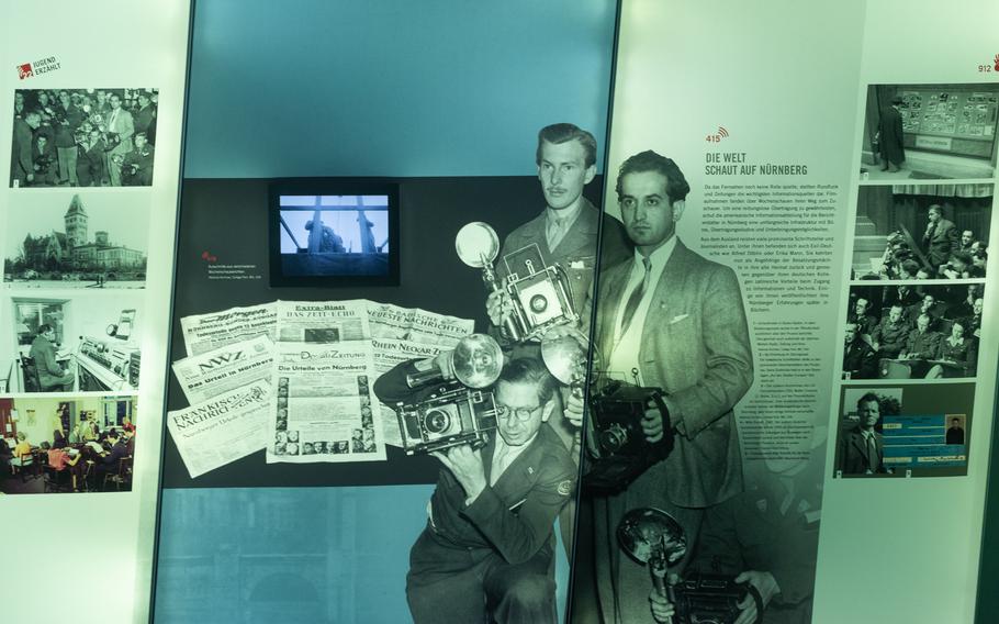 Luminaries who covered the International Military Tribunal in 1945-46 included Walter Cronkite, Ernest Hemingway and John Steinbeck. Media members were housed in Stein Castle, shown in the second picture from the top on the left side of this exhibit. 