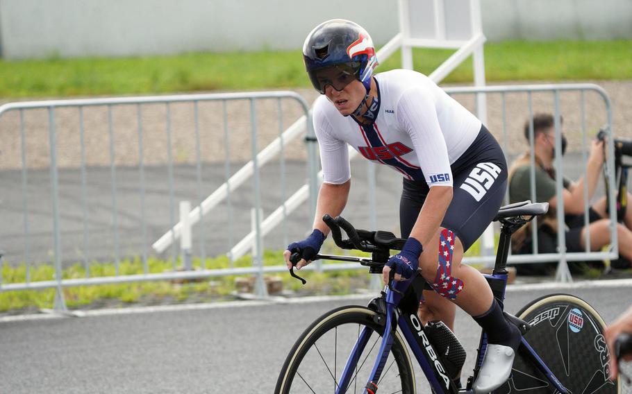 Army veteran Shawn Morelli competes in Paralympic road cycling at Fuji International Speedway outside Tokyo, Tuesday, Aug. 31, 2021. 