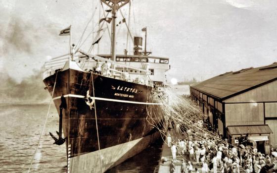 An undated photo of the SS Montevideo Maru leaving port. 