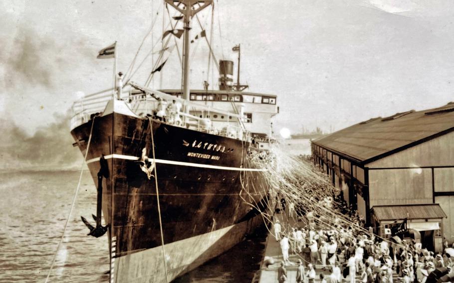 An undated photo of the SS Montevideo Maru leaving port. 