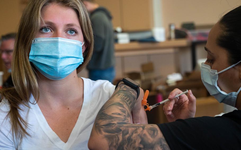 Lauren Tierney, 16, receives the COVID-19 vaccine at Patch Barracks in Stuttgart, Germany, May 22, 2021. Nearly three-quarters of the U.S. Army community in Europe and Africa are fully vaccinated and 77% of 16- and 17-year-old military children overseas have been inoculated against the coronavirus, health officials say.