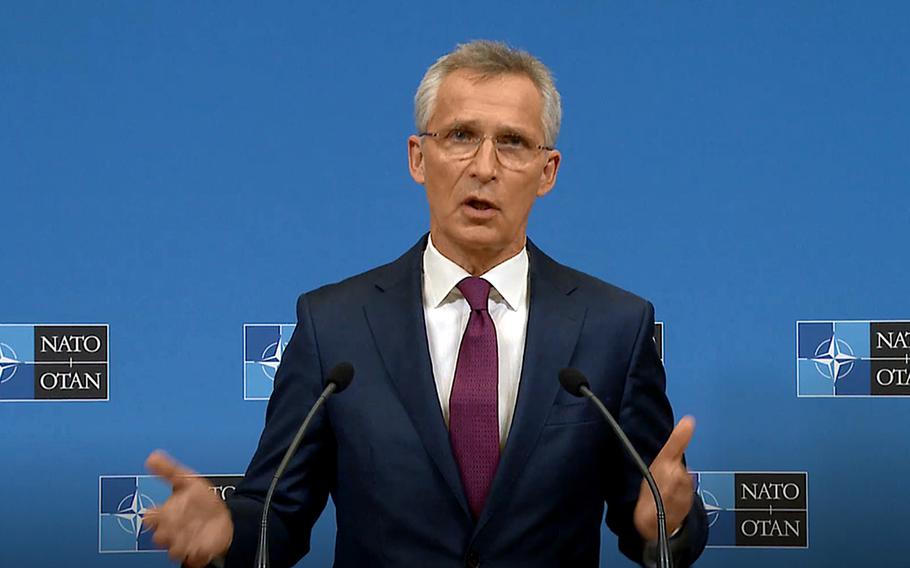 In this video screenshot, Secretary-General Jens Stoltenberg previews next week's NATO summit during a press conference in Brussels, June 11, 2021.