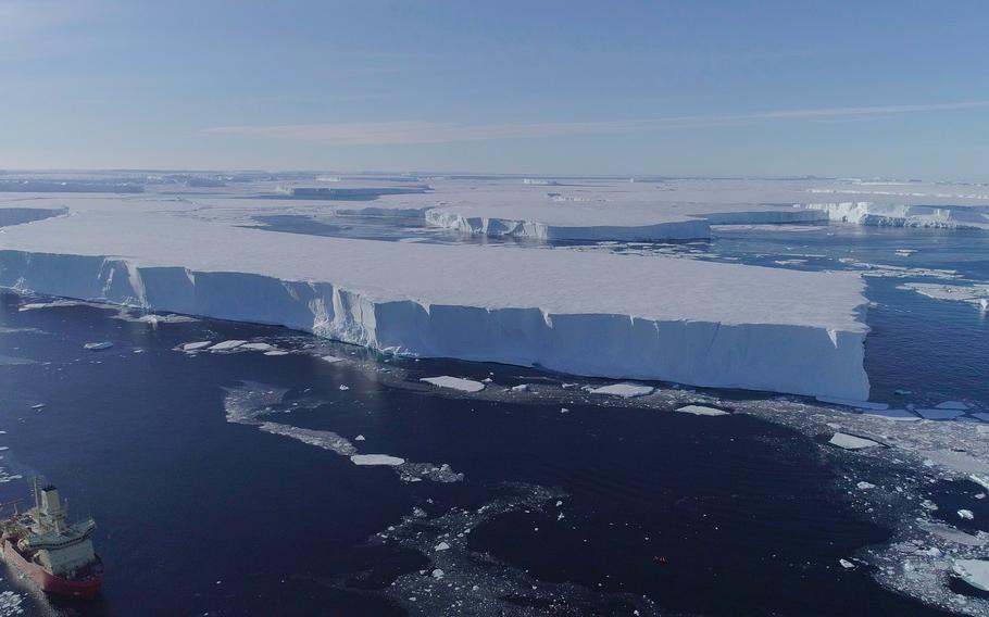 The U.S. Antarctic Program research vessel Nathaniel B. Palmer working along the ice edge of the Thwaites Eastern Ice Shelf in February 2019.
