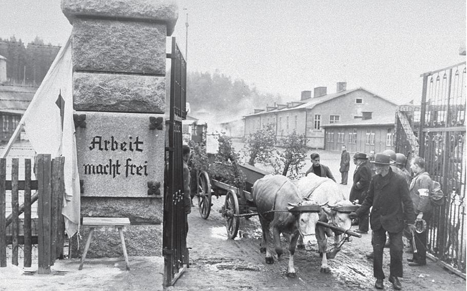 German civilians are forced to haul coffins containing the remains of prisoners through the main gate of the Flossenbürg concentration camp in Bavaria at the end of World War II in 1945.
