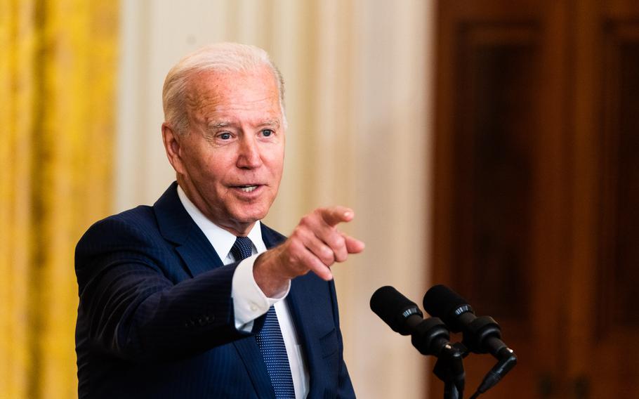 President Biden calls on a reporter after delivering remarks regarding the U.S. service members killed in a terrorist attack outside Kabul's international airport on Aug. 26, 2021. 