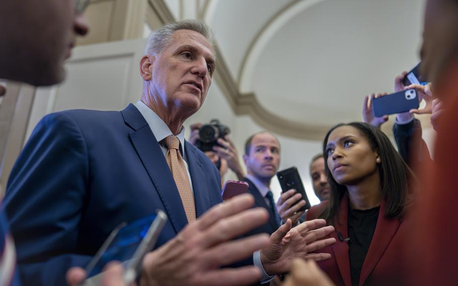Speaker of the House Kevin McCarthy, R-Calif., is questioned by reporters after the GOP leader spoke privately to his Republican colleagues, at the Capitol in Washington, Tuesday, May 23, 2023. 