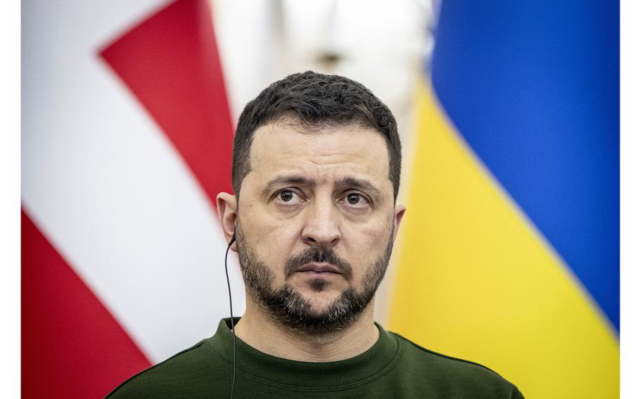 Ukraine’s President Volodymyr Zelenskyy attends a news conference at Potocki Palace in Lviv, Ukraine, on Feb. 23, 2024. 