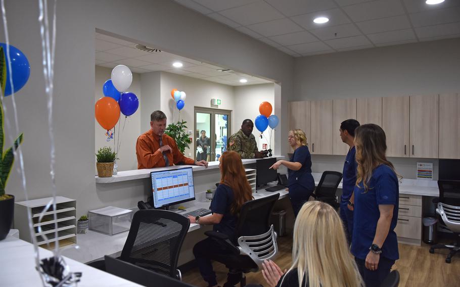 Staffers at the Docs Dental clinic at the Ramstein Air Base exchange mall celebrate its grand opening, Oct. 2, 2023. Other than a pediatric dentist, the clinic is temporarily closed because of an unexpected insurance company requirement that U.S.-licensed dentists get German credentials, the company said.